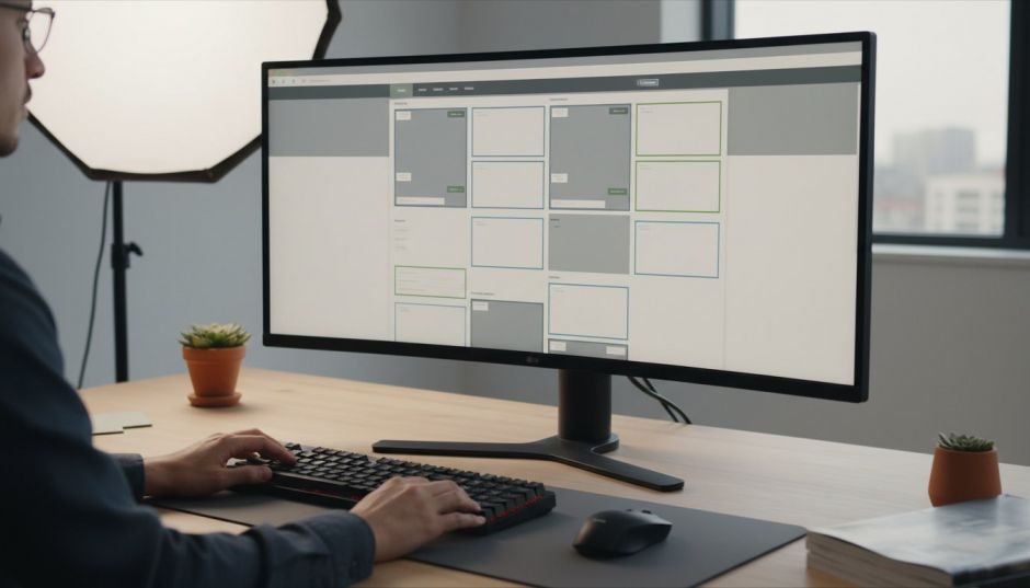 Web designer workspace with a page builder layout on the monitor