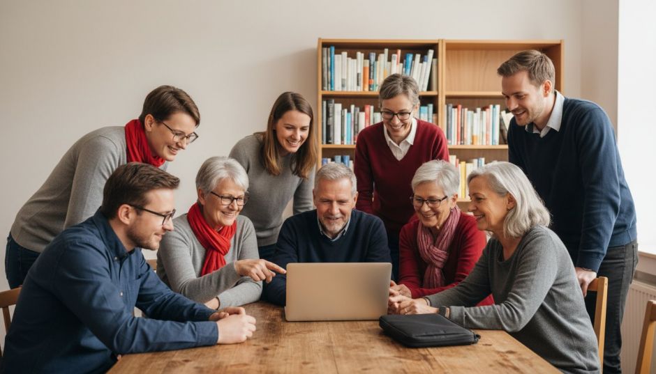 Ehrenamtliche im Vereinsraum gemeinsam am Laptop