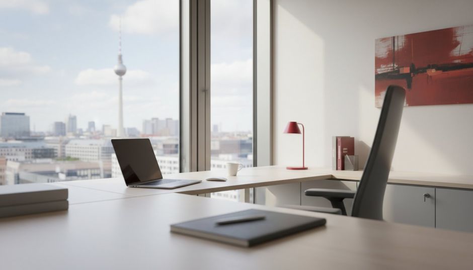 Moderner Berliner Arbeitsplatz mit Blick auf den Fernsehturm