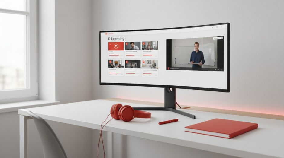 E-Learning-Plattform mit Kursübersicht und Lernvideo am Monitor