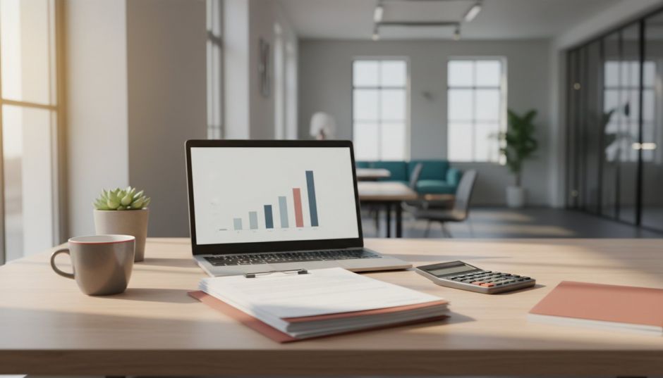 Schreibtisch mit Förderunterlagen und Laptop mit steigendem Diagramm