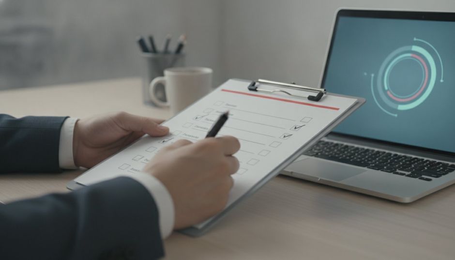 Hand hakt Punkte einer Checkliste ab, daneben Laptop mit Prüf-Diagramm